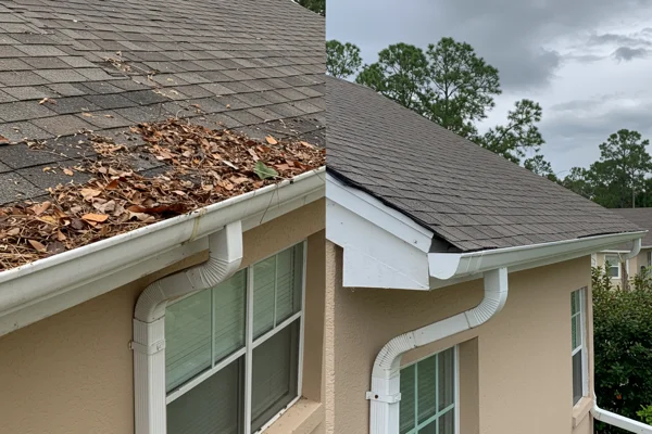 Before and after seamless gutter installation on a single-story home in Orlando, FL