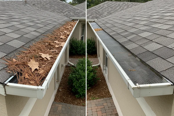 Before and after gutter replacement and downspout rerouting on a home in Kissimmee, FL