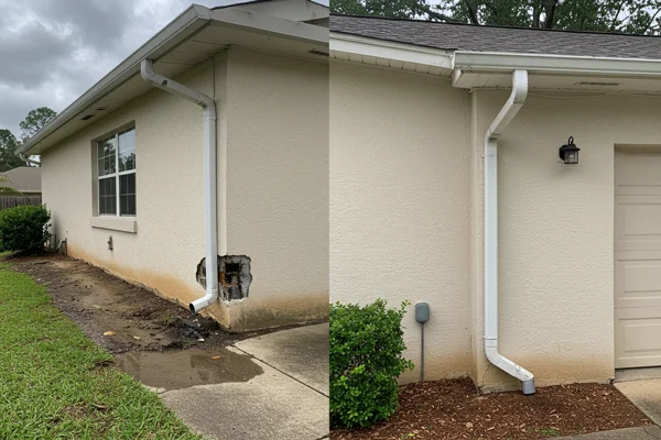 Before and after gutter guard installation on a two-story home in Sanford, FL