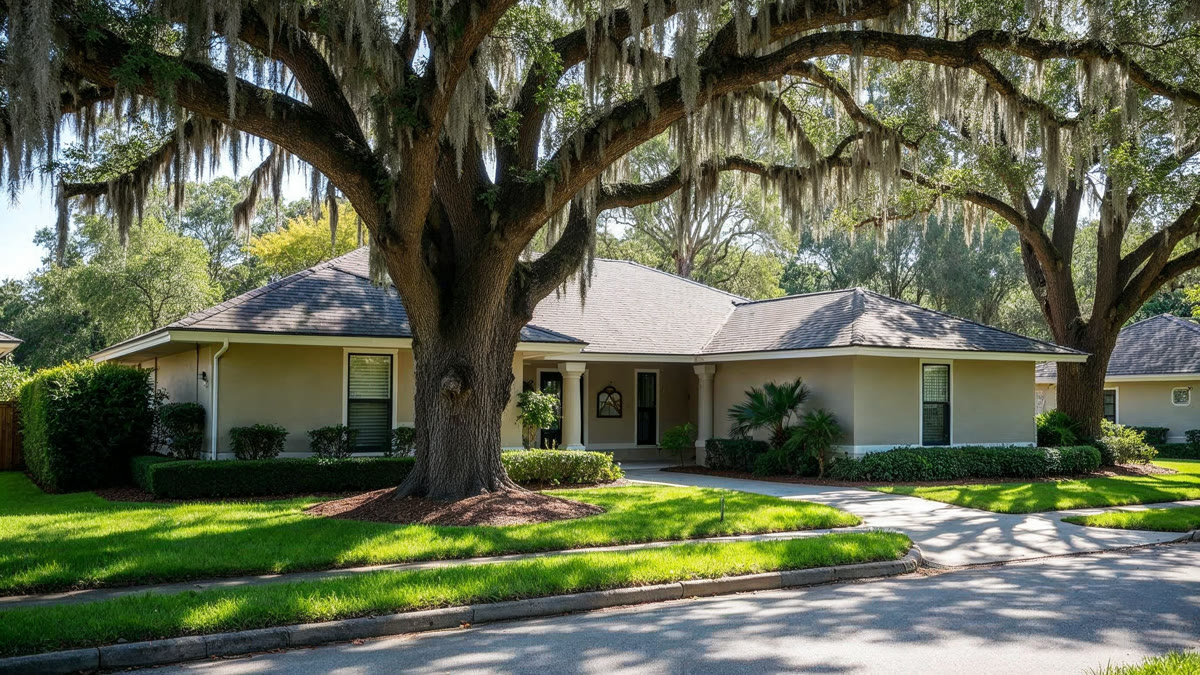 Seamless aluminum gutters under the live-oak canopy typical of Winter Park streets