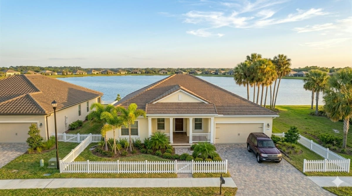 Color-matched gutters that disappear into the trim — the Celebration standard